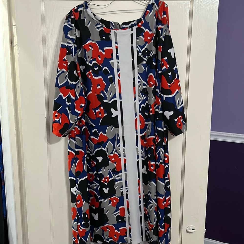 Knee length red, white, and blue dress.